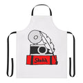 Hobbies-themed apron with sketch pad, quill pen, and camera icons