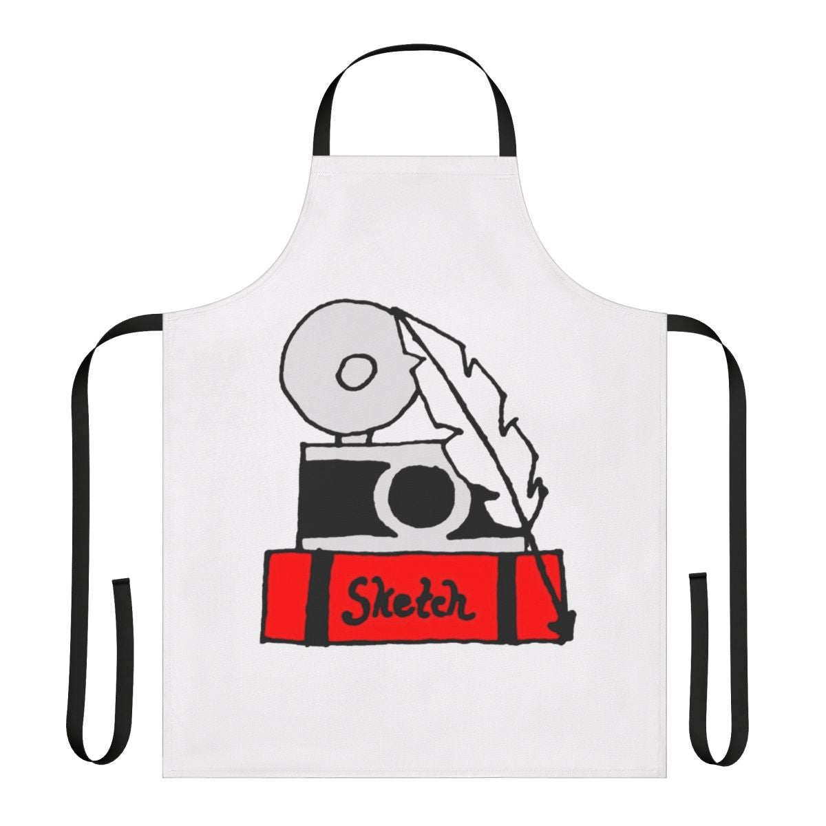 Hobbies-themed apron with sketch pad, quill pen, and camera icons