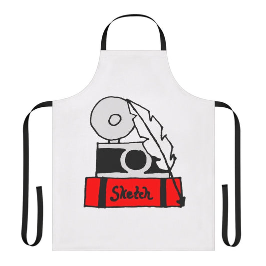 Hobbies-themed apron with sketch pad, quill pen, and camera icons