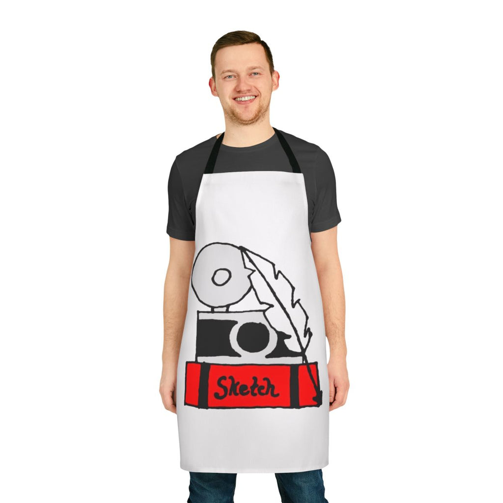 Hobbies-themed apron with sketch pad, quill pen, and camera icons