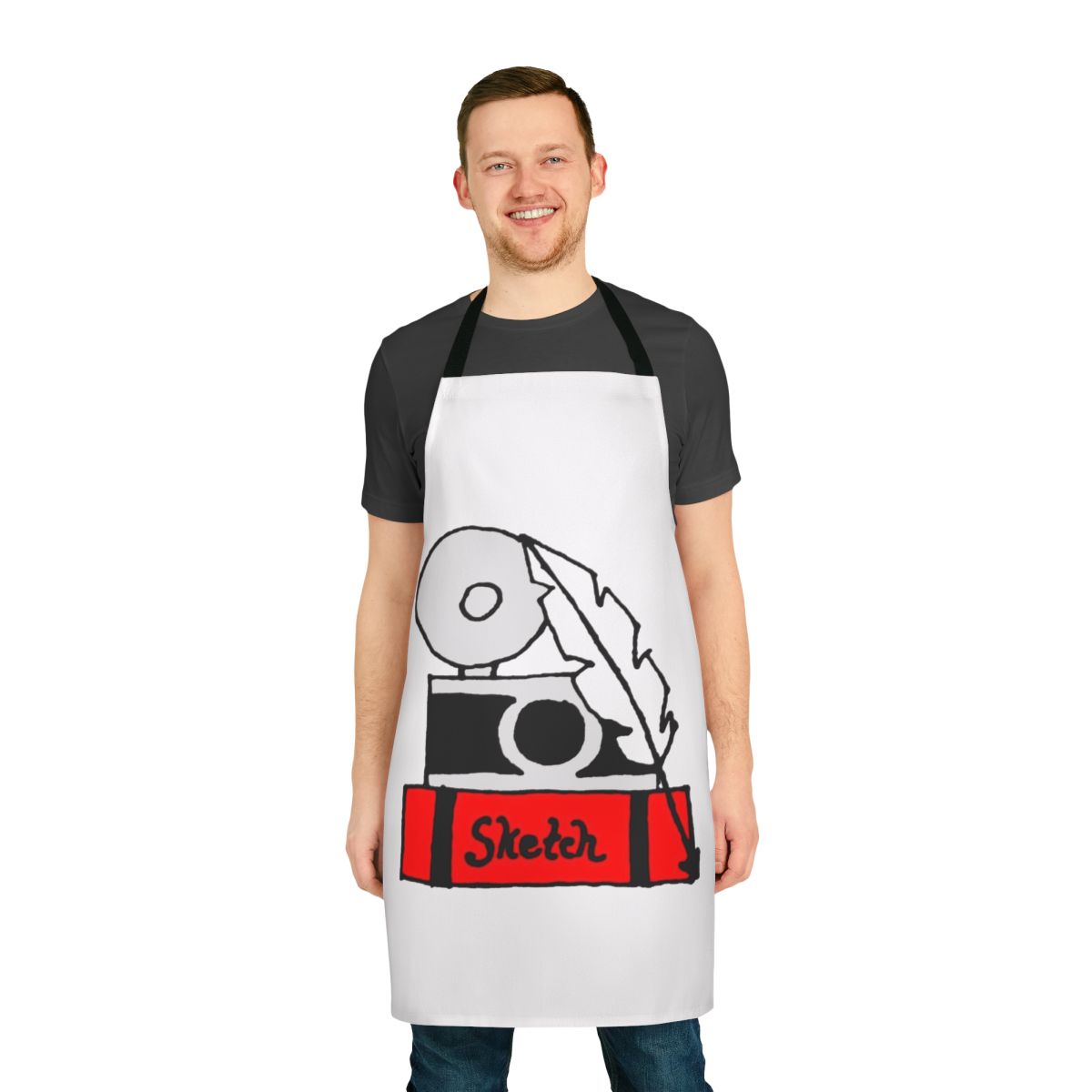 Hobbies-themed apron with sketch pad, quill pen, and camera icons