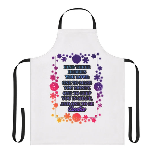 Hobbies-inspired apron with colorful design and motivational text