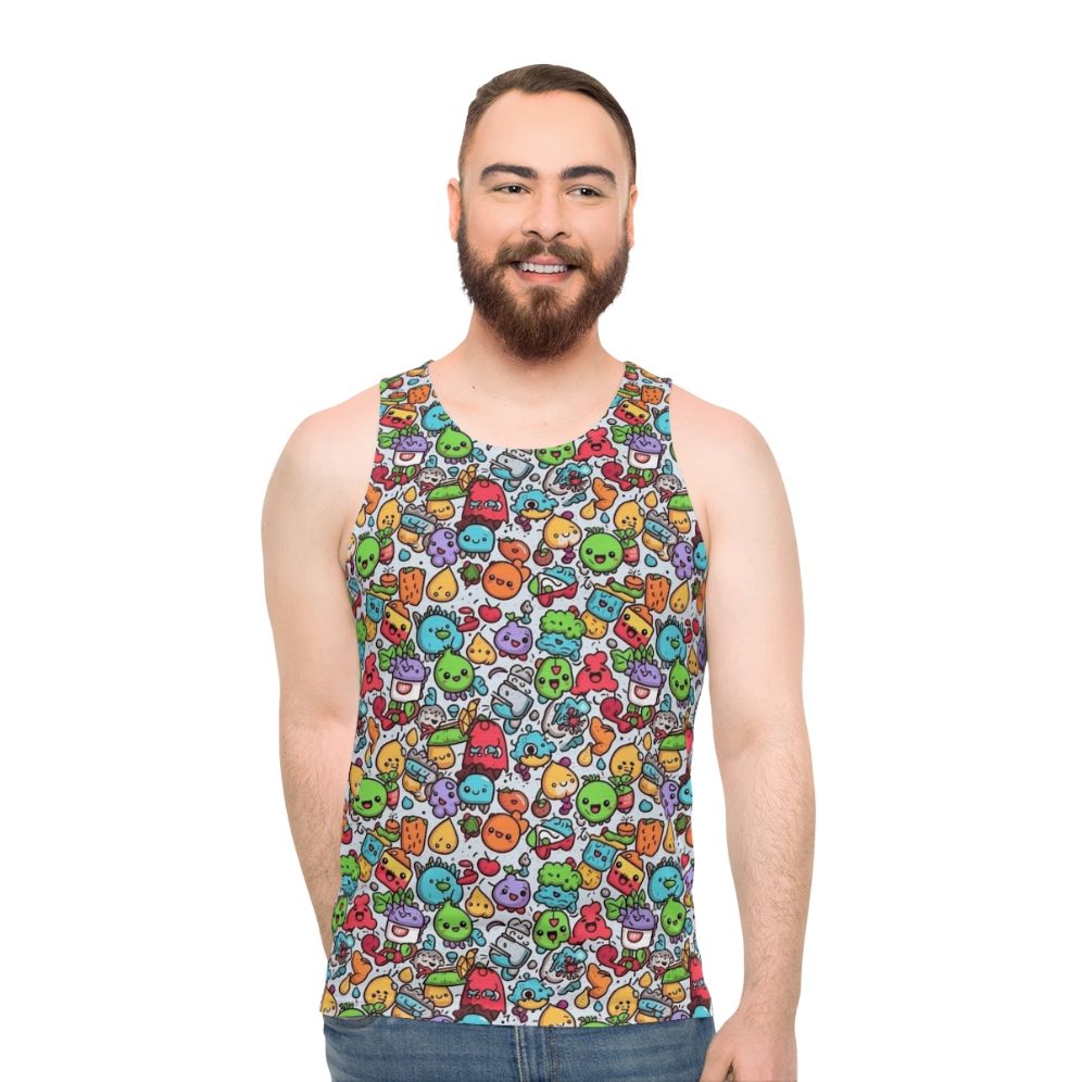 Hobbies Unisex Tank Top with Cartoon Characters and Abstract Pattern