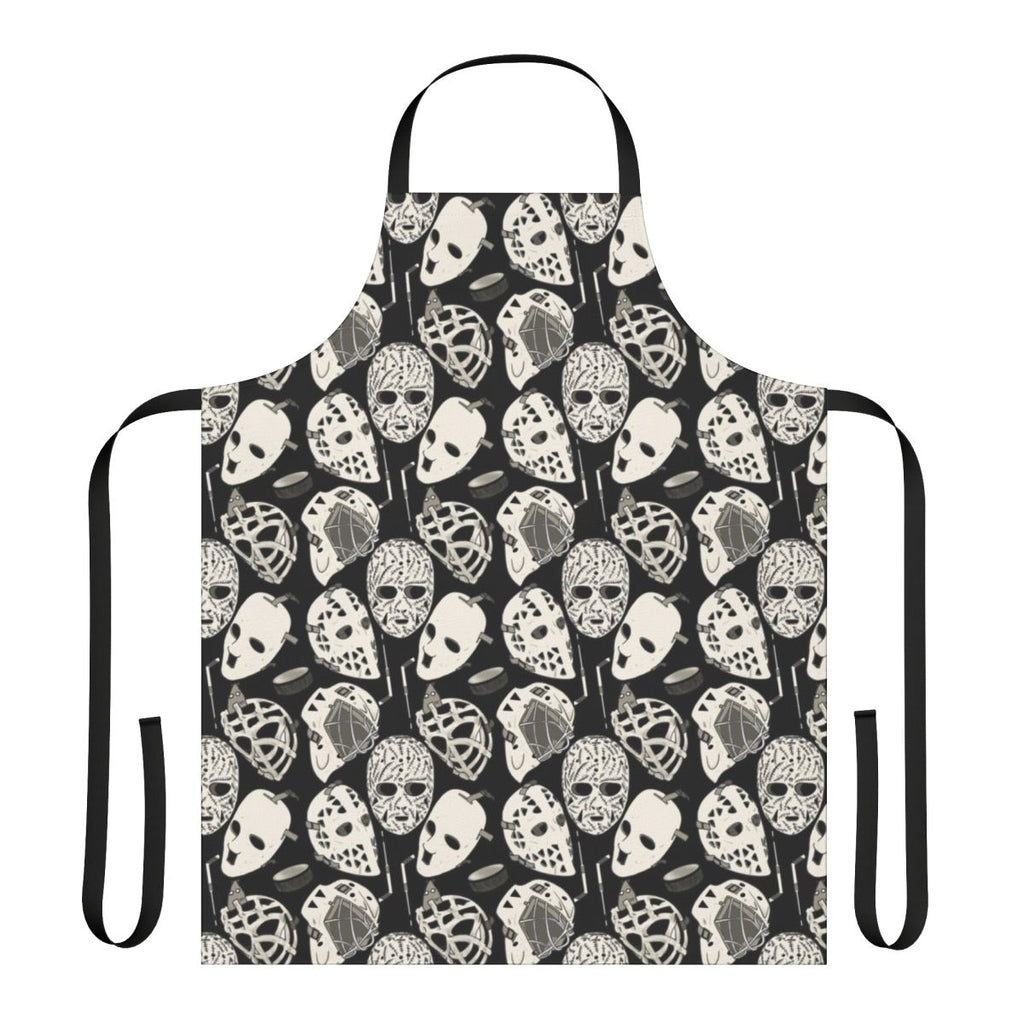 Hockey goalie-inspired beige leather apron with puck and stick design