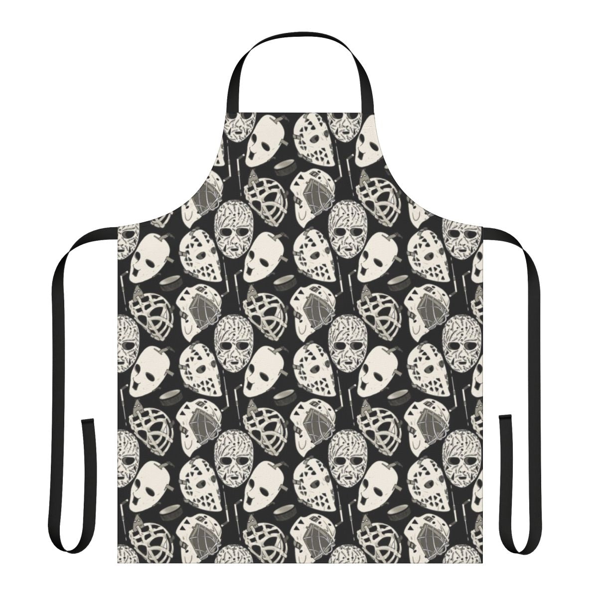 Hockey goalie-inspired beige leather apron with puck and stick design