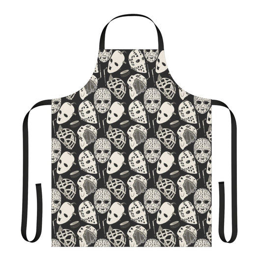 Hockey goalie-inspired beige leather apron with puck and stick design