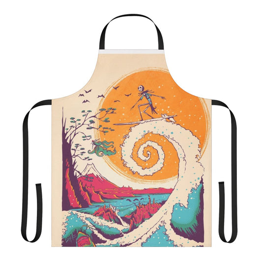 A whimsical apron featuring a surfer riding a wave against a sunset, inspired by the Nightmare Before Christmas.