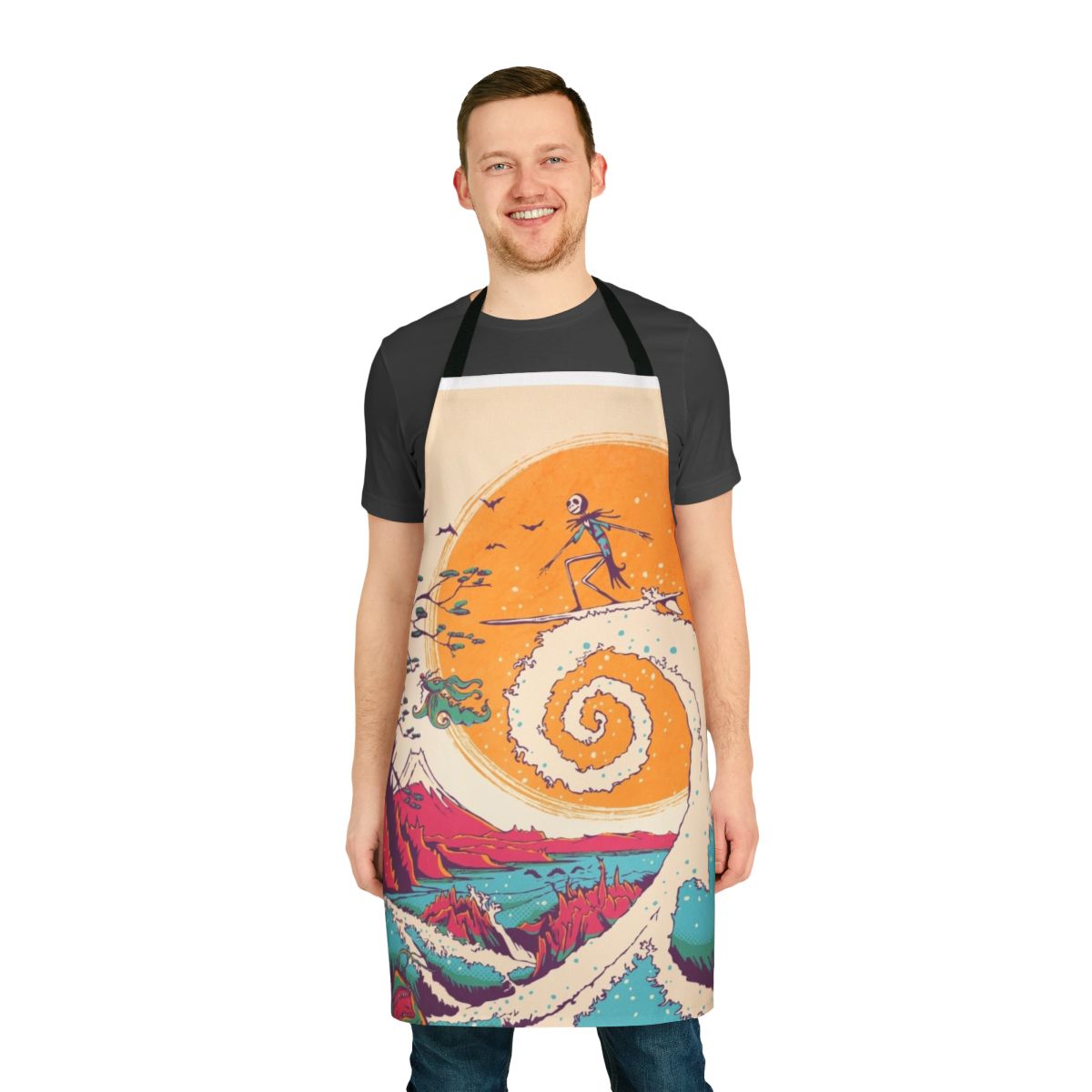 A whimsical apron featuring a surfer riding a wave against a sunset, inspired by the Nightmare Before Christmas.