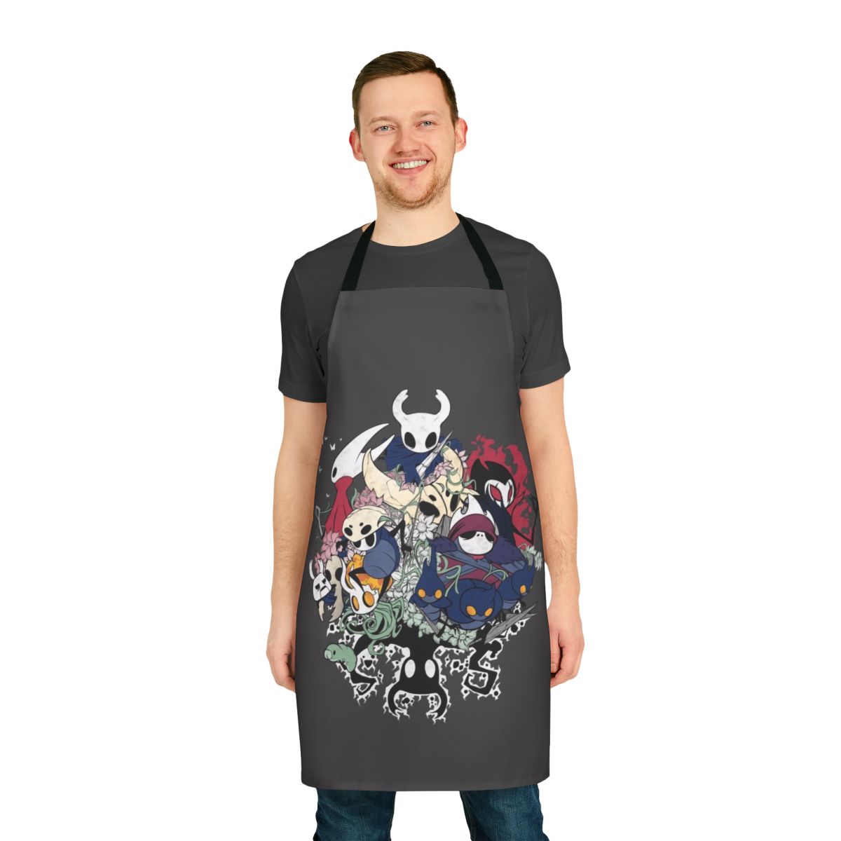Hollow Knight-inspired apron featuring Hornet and Grimm characters