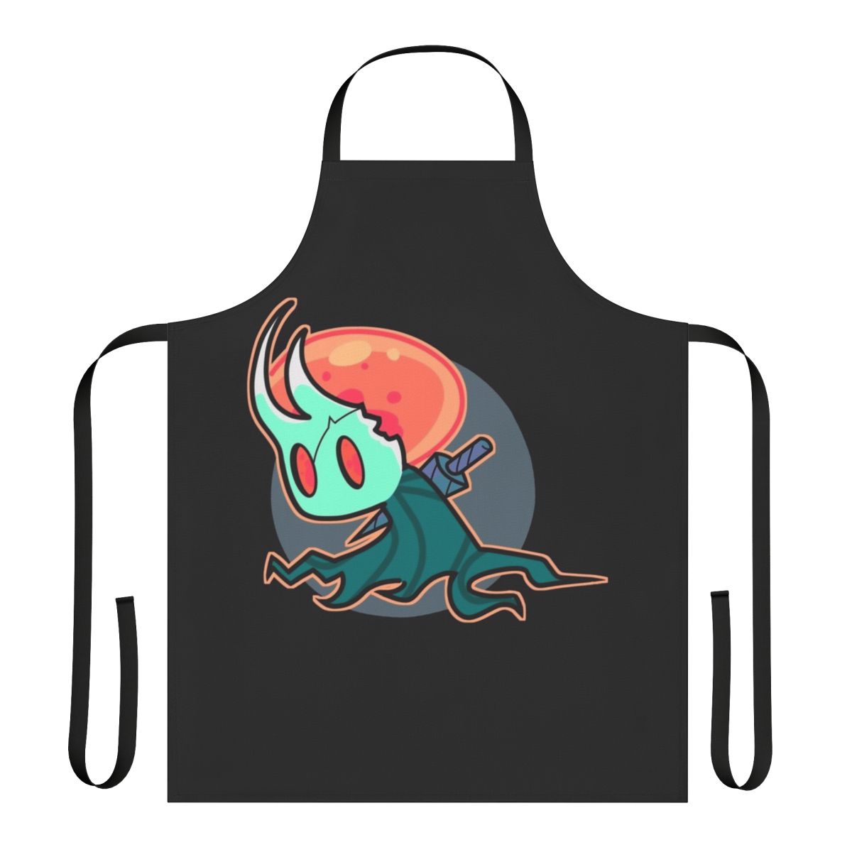 A black apron featuring the iconic Hollow Knight character design, perfect for tabletop gaming enthusiasts.