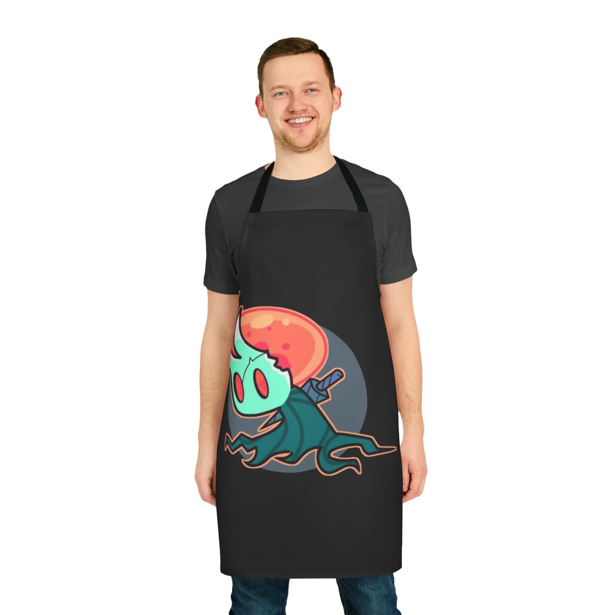 A black apron featuring the iconic Hollow Knight character design, perfect for tabletop gaming enthusiasts.