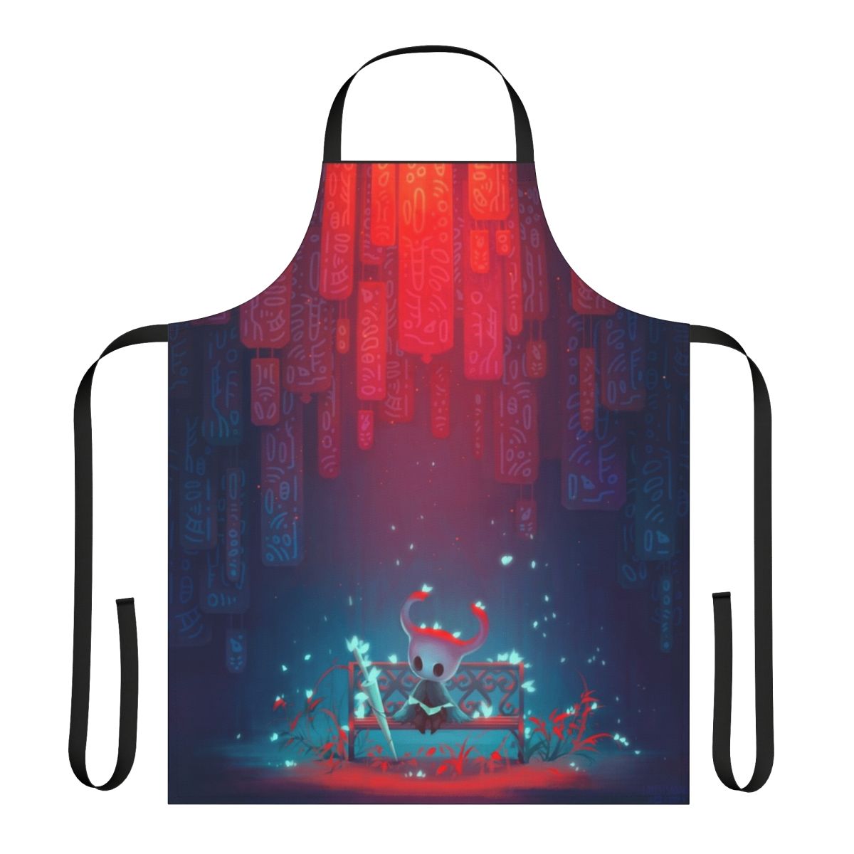 Hollow Knight themed apron with silhouetted knight against a dark background