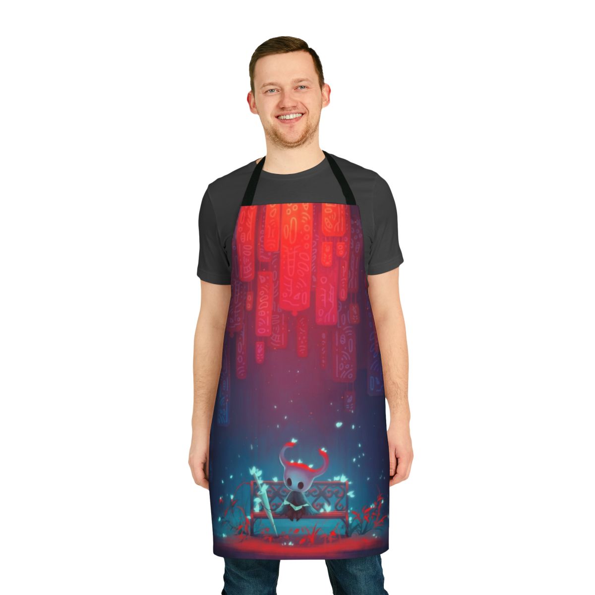 Hollow Knight themed apron with silhouetted knight against a dark background