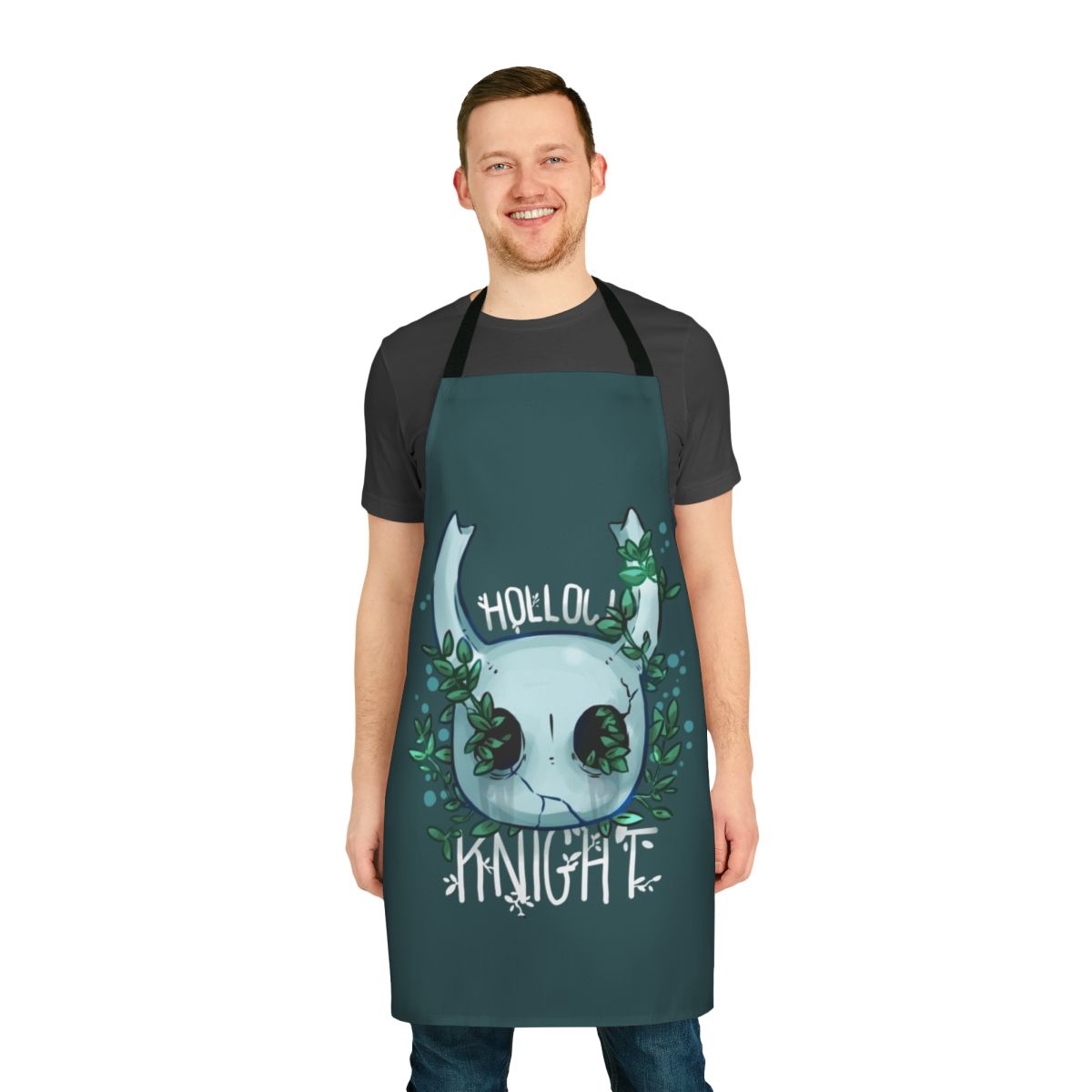 Hollow Knight-themed kitchen apron featuring iconic game characters and artwork