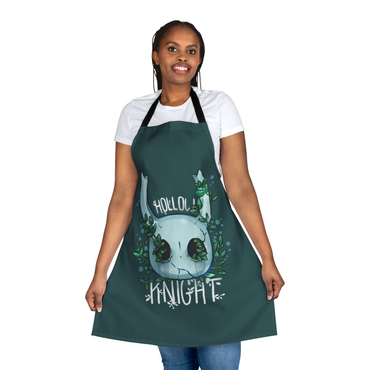 Hollow Knight-themed kitchen apron featuring iconic game characters and artwork