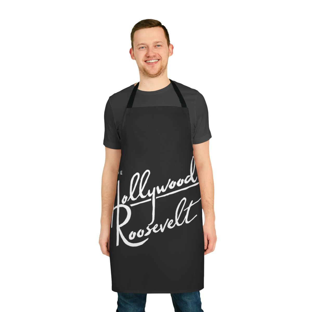 A high-quality t-shirt apron featuring the iconic Hollywood Roosevelt design