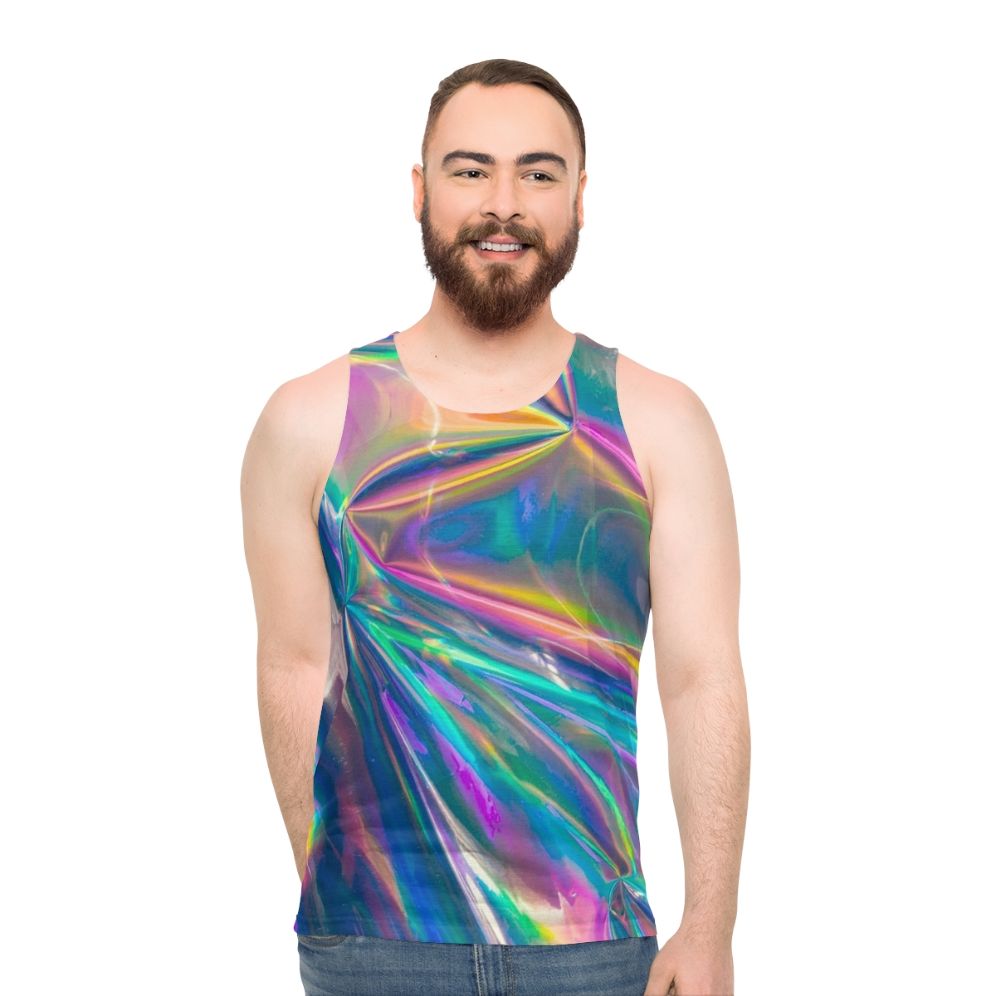 Holographic unisex tank top with vibrant, iridescent colors