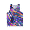 Holographic unisex tank top with iridescent, color-shifting material