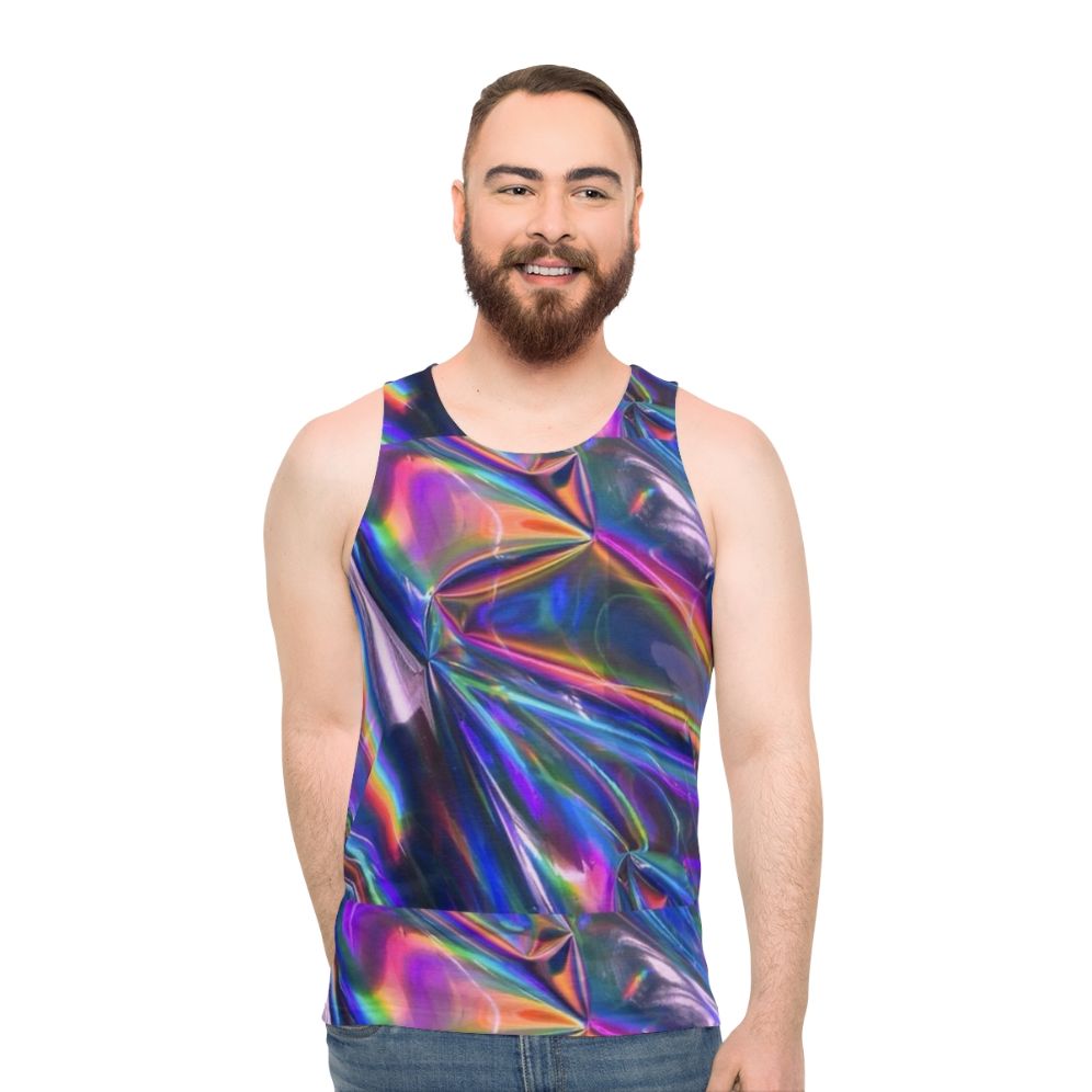Holographic unisex tank top with iridescent, color-shifting material