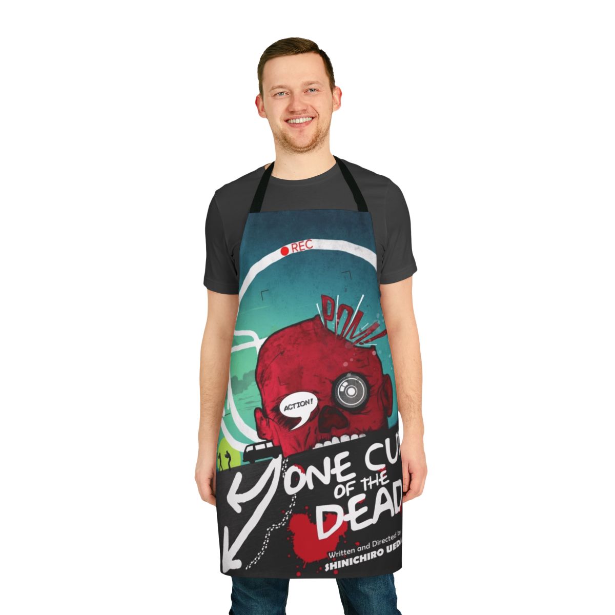 Alternative movie-inspired apron featuring a design homage to the film "One Cut of the Dead"