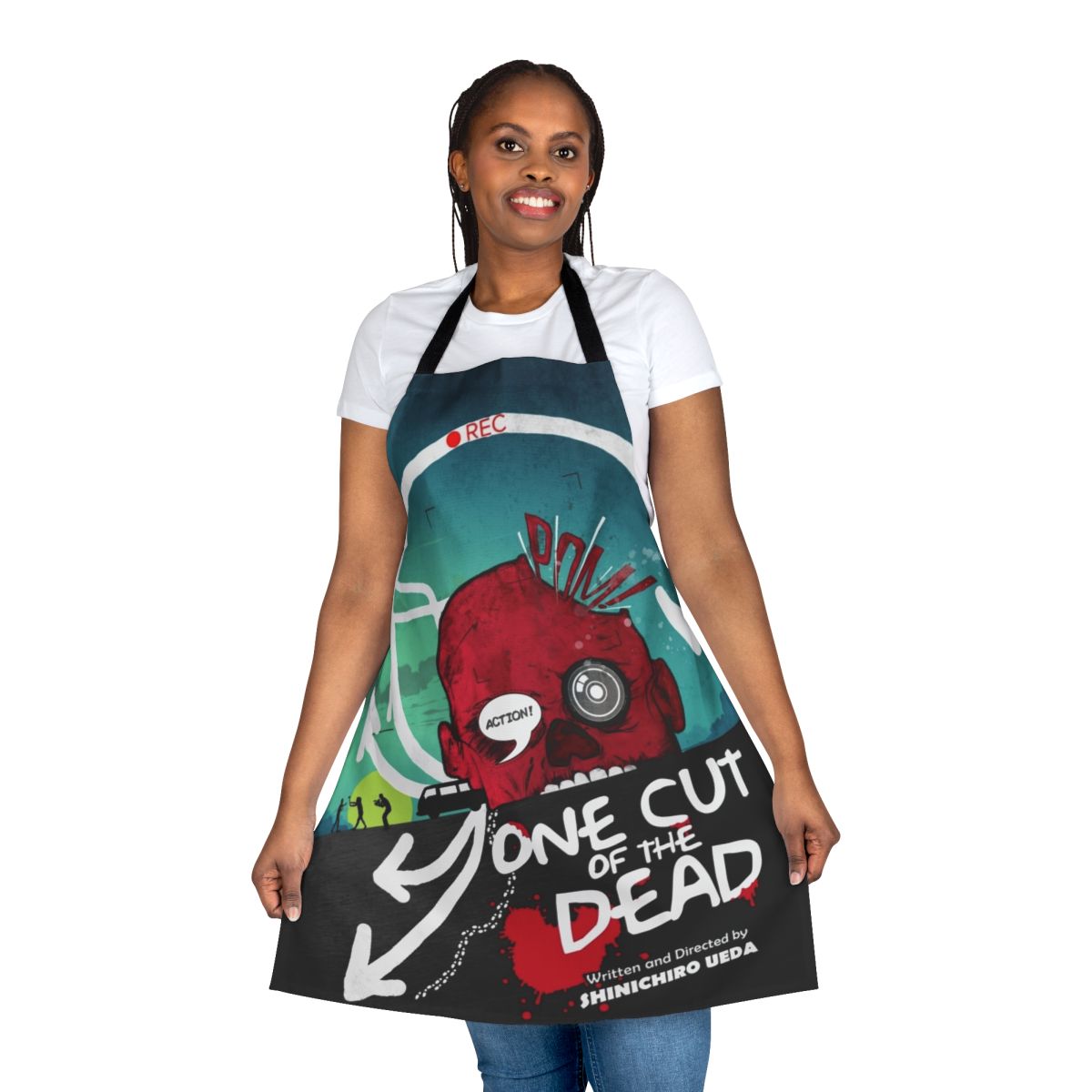 Alternative movie-inspired apron featuring a design homage to the film "One Cut of the Dead"