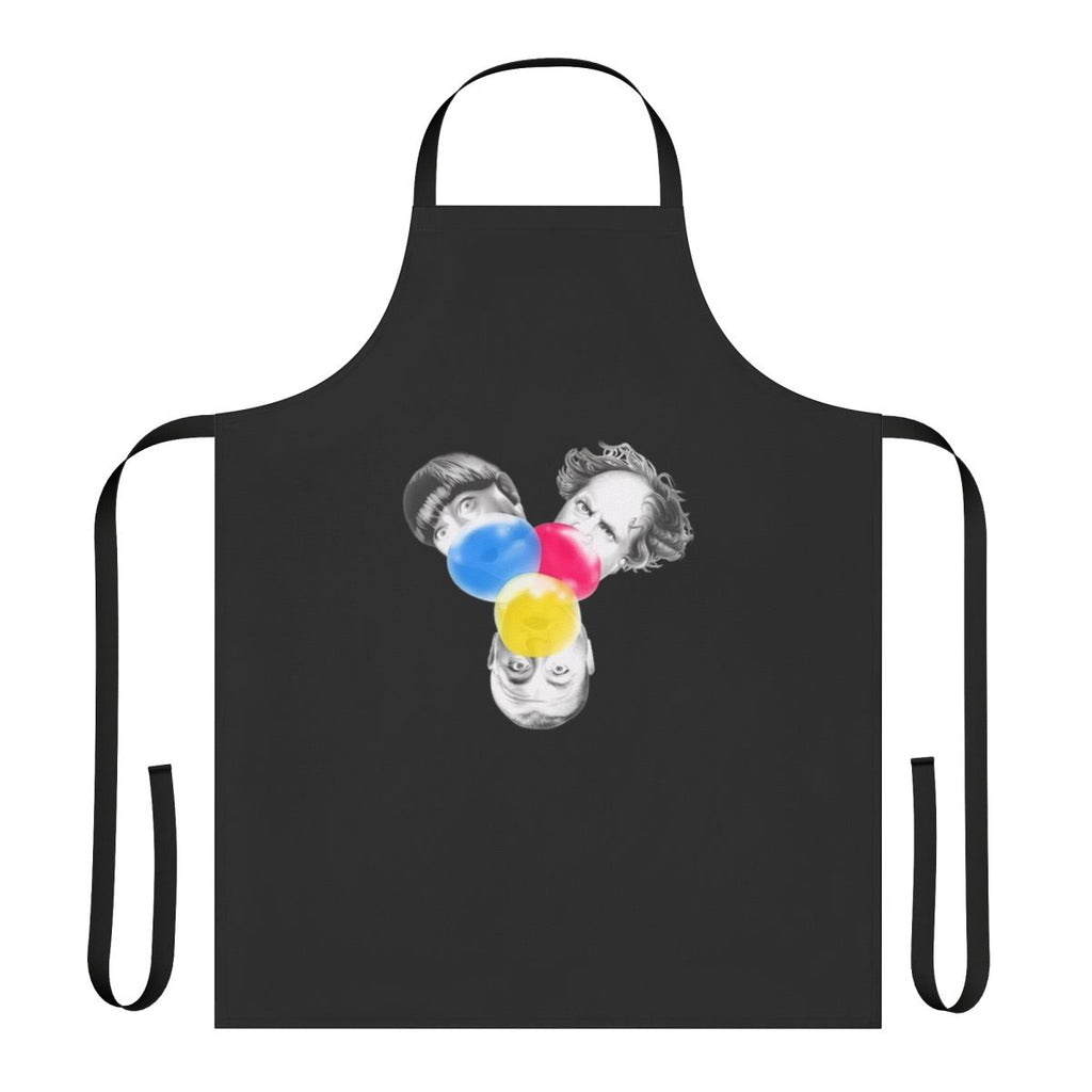 Vibrant, stylized apron featuring the iconic Three Stooges characters Moe, Larry, and Curly