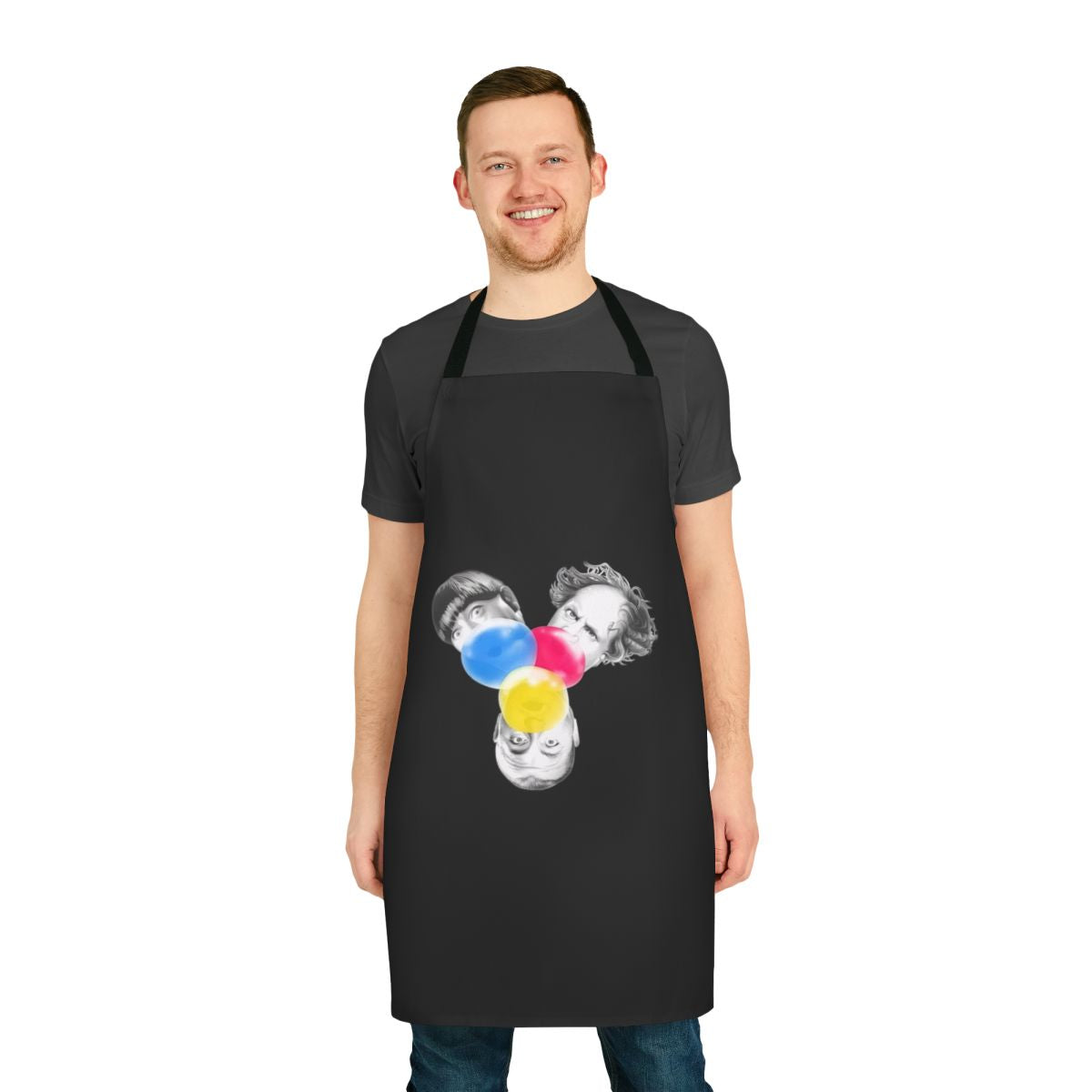 Vibrant, stylized apron featuring the iconic Three Stooges characters Moe, Larry, and Curly