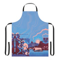 Homeric landscape-themed apron with blue, red, and white design