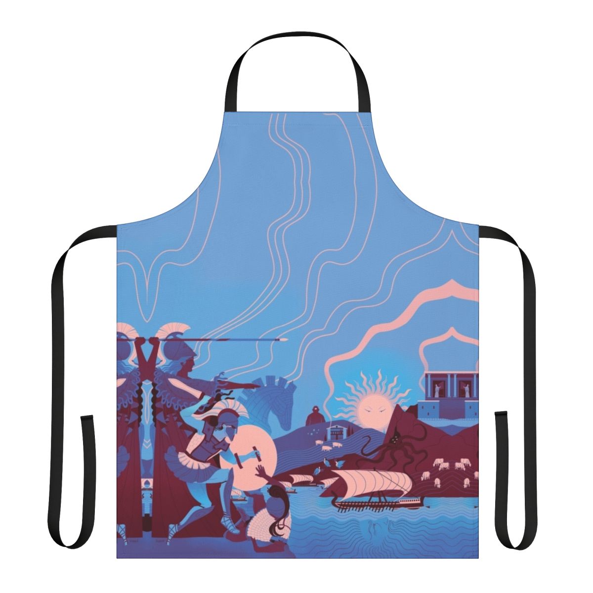 Homeric landscape-themed apron with blue, red, and white design