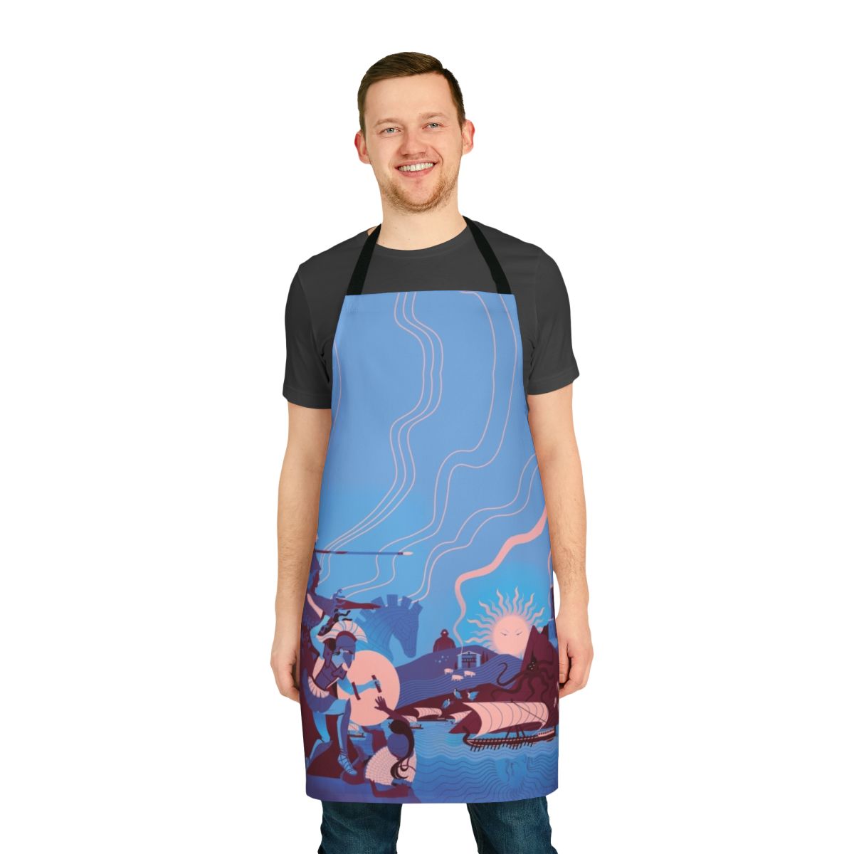 Homeric landscape-themed apron with blue, red, and white design