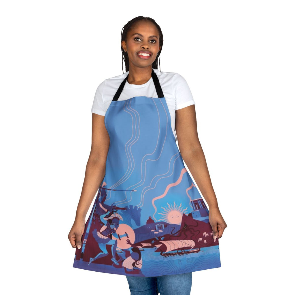 Homeric landscape-themed apron with blue, red, and white design