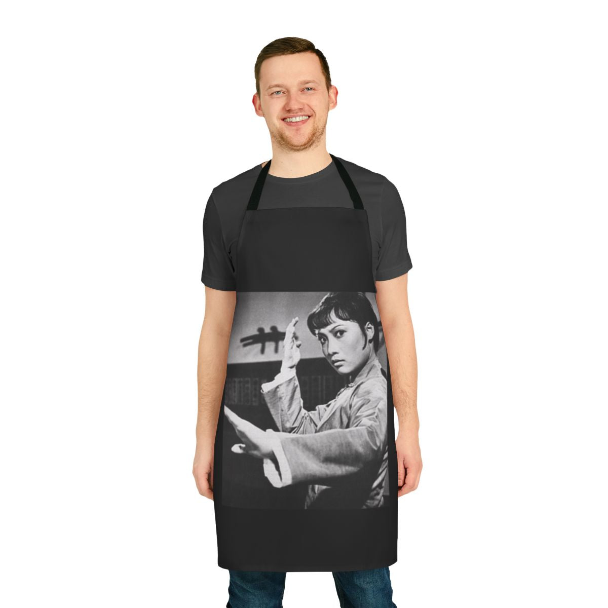 Vibrant apron featuring iconic Hong Kong movie star Angela Mao in a martial arts pose