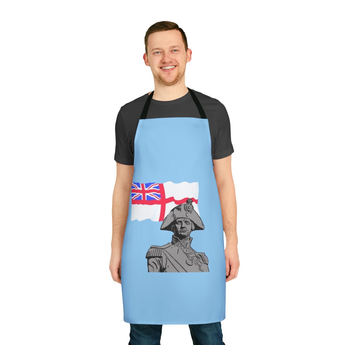 Horatio Nelson inspired navy apron featuring the iconic white ensign and HMS Victory