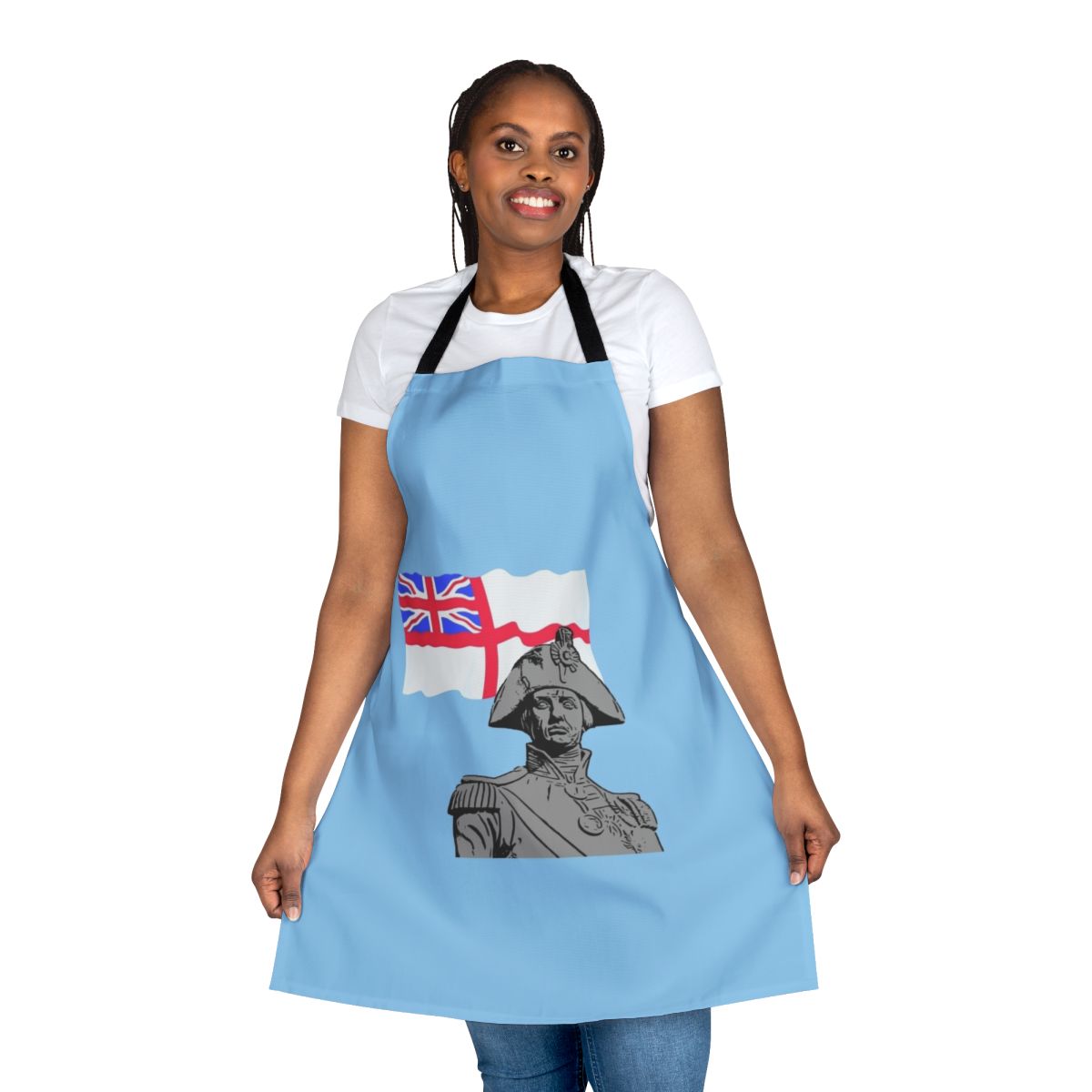 Horatio Nelson inspired navy apron featuring the iconic white ensign and HMS Victory