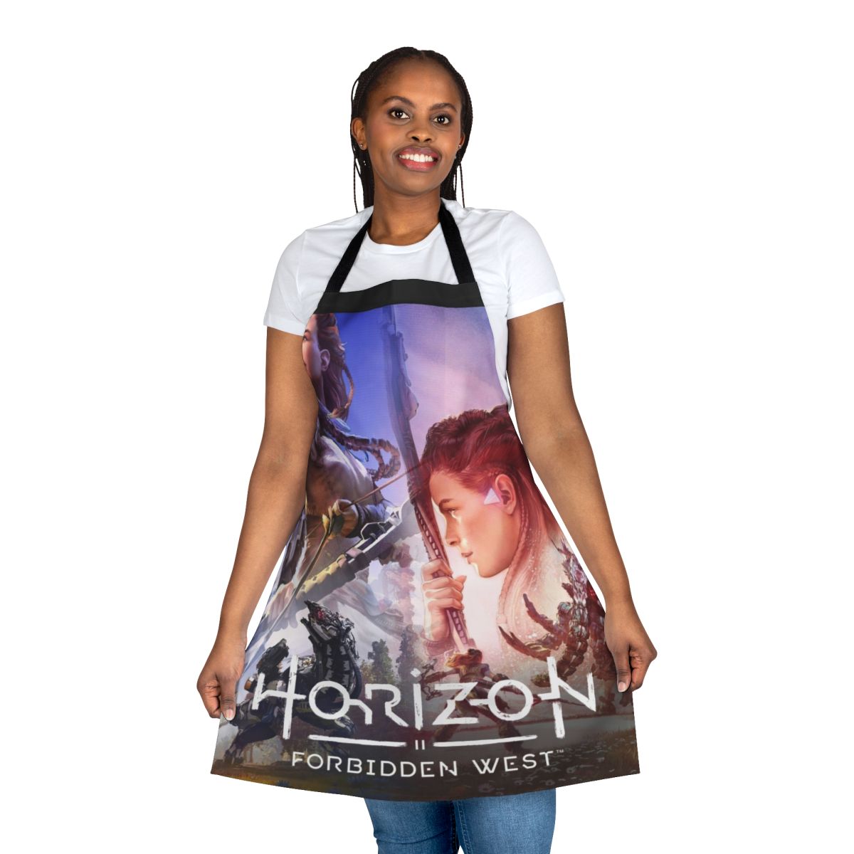 Horizon Forbidden West themed apron with game character Aloy