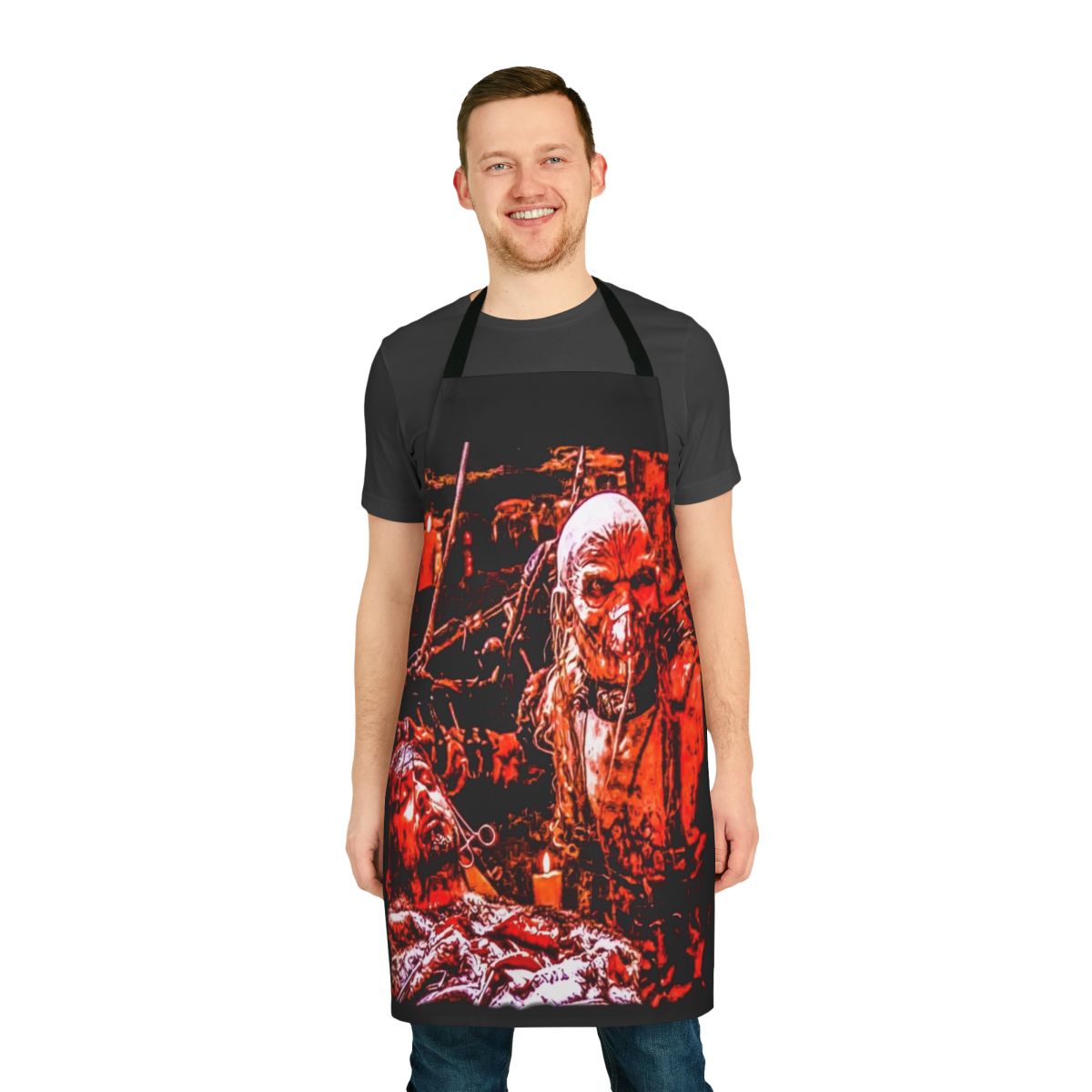Horror-themed apron featuring the iconic Dr. Satan from 90s cult classic horror movies