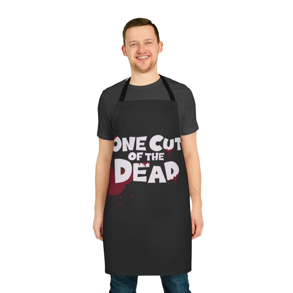 Horror comedy-themed kitchen apron featuring zombie and bloody design, inspired by the movie One Cut of the Dead