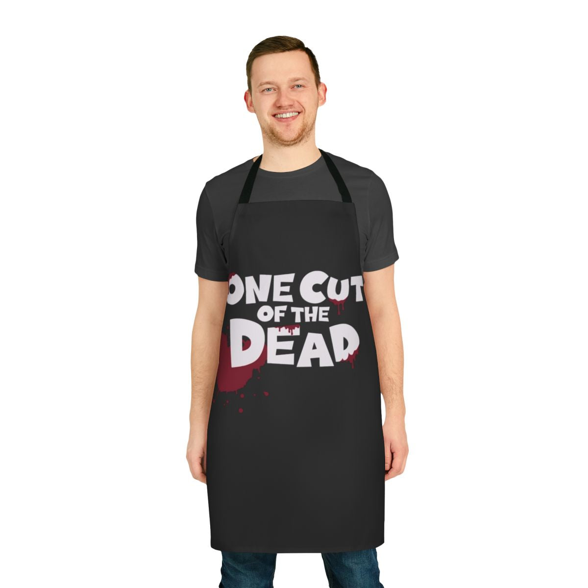 Horror comedy-themed kitchen apron featuring zombie and bloody design, inspired by the movie One Cut of the Dead