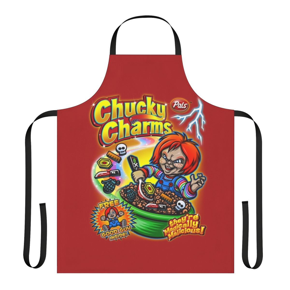 A horror-themed apron with a Chucky-inspired design, featuring the iconic "Chucky Charms" cereal box graphic.