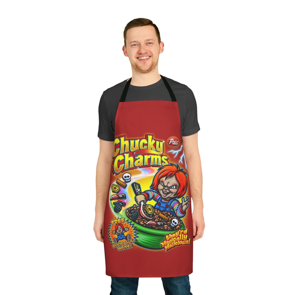 A horror-themed apron with a Chucky-inspired design, featuring the iconic "Chucky Charms" cereal box graphic.