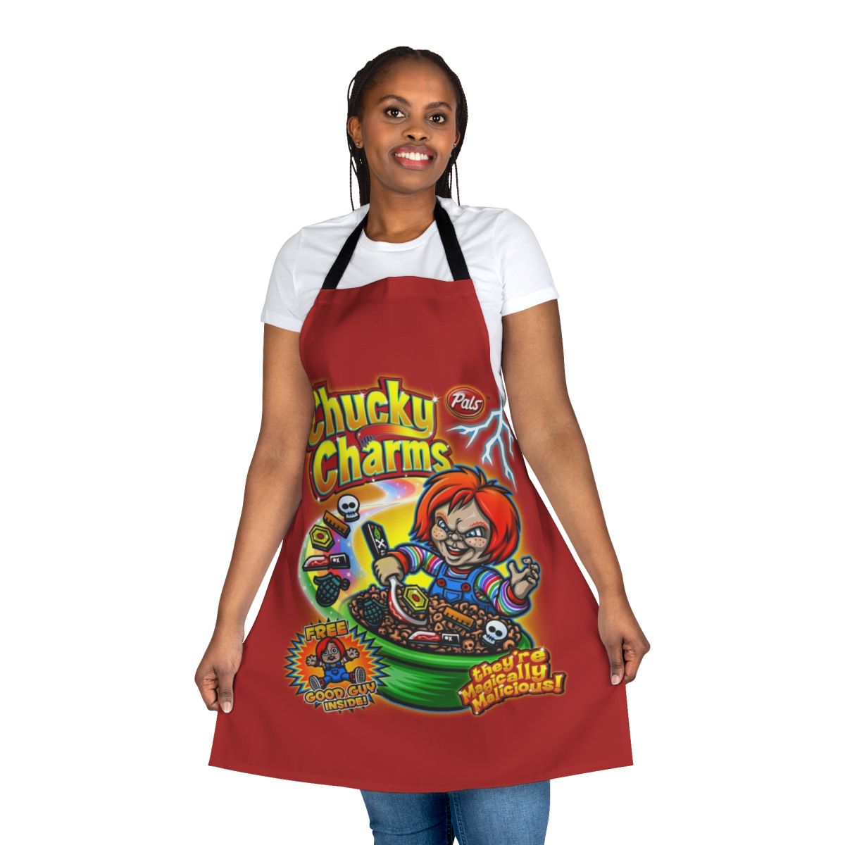 A horror-themed apron with a Chucky-inspired design, featuring the iconic "Chucky Charms" cereal box graphic.