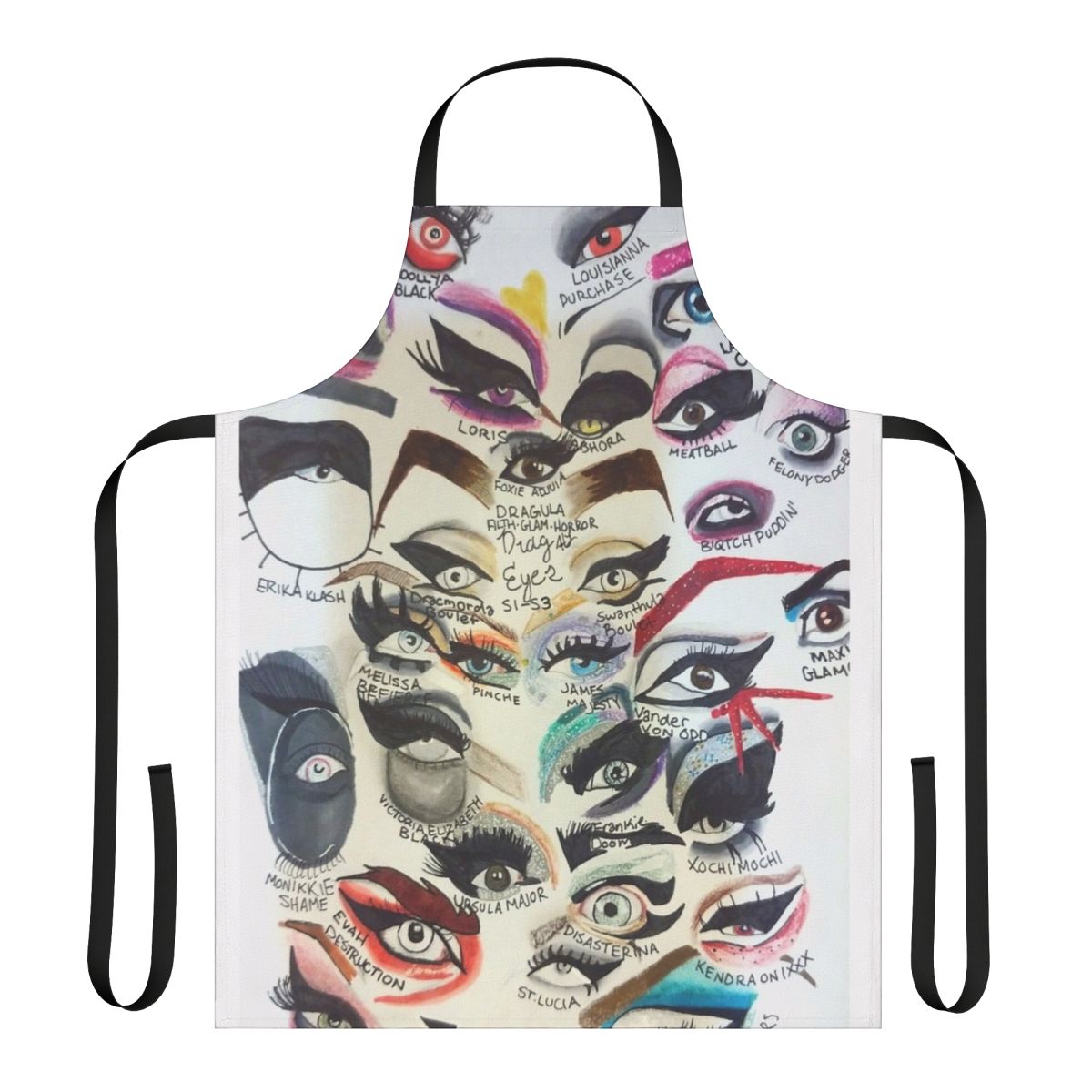 Dragula-themed apron with eyes and gothic design