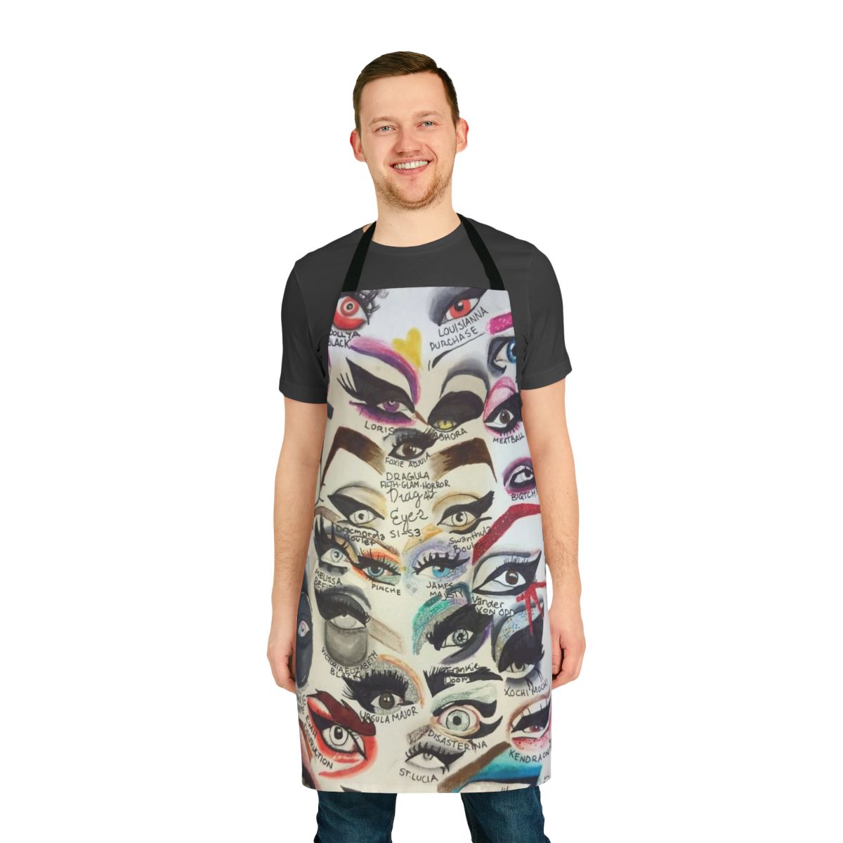 Dragula-themed apron with eyes and gothic design