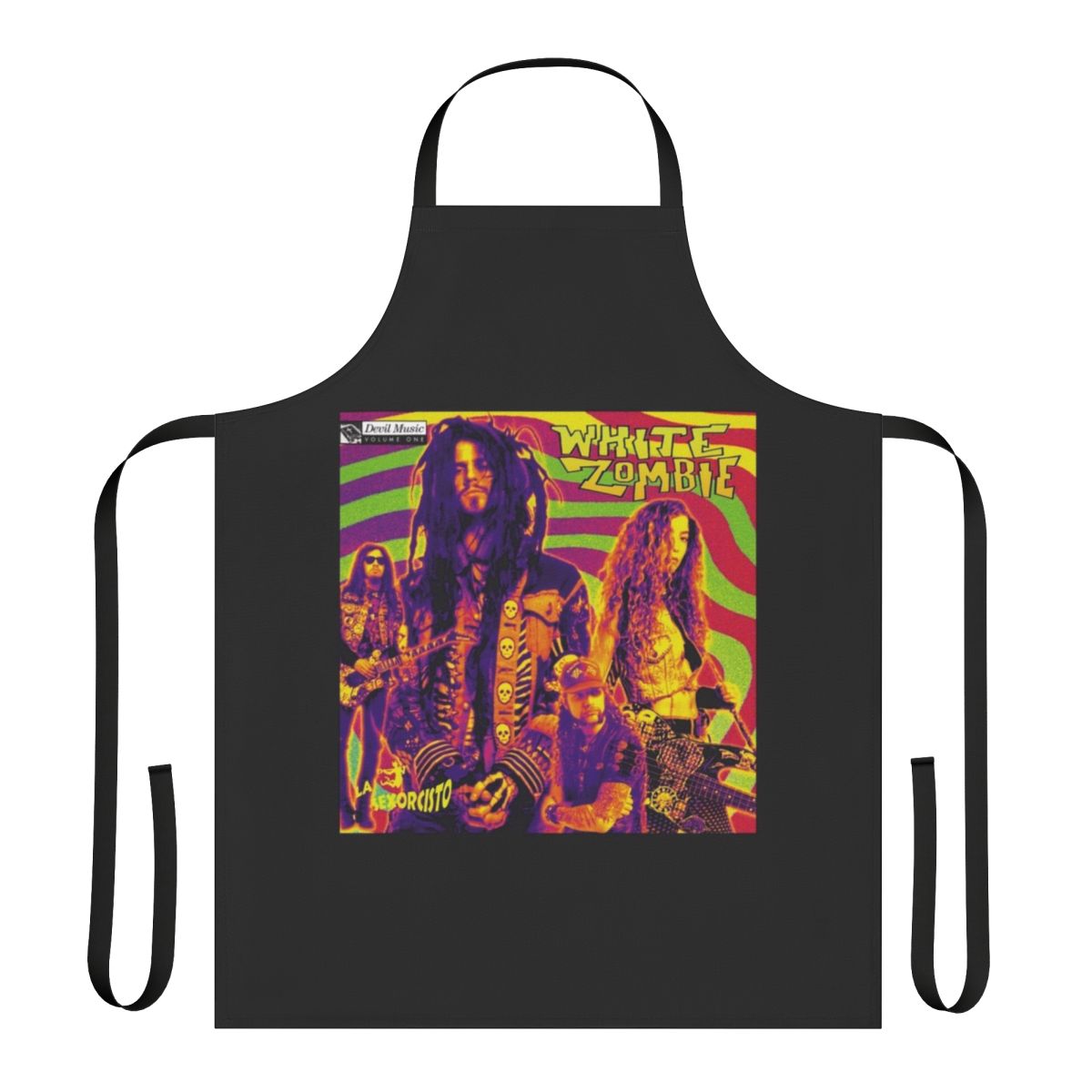 White apron with a horror movie-inspired zombie clown design