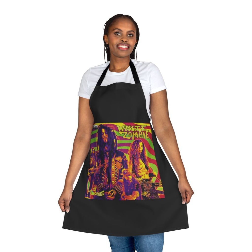 White apron with a horror movie-inspired zombie clown design