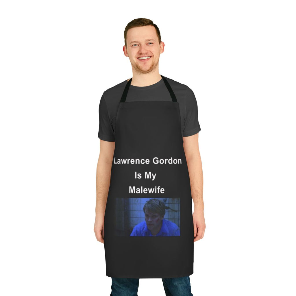 Horror-themed cooking apron featuring the character Lawrence Gordon from the Saw movie franchise.