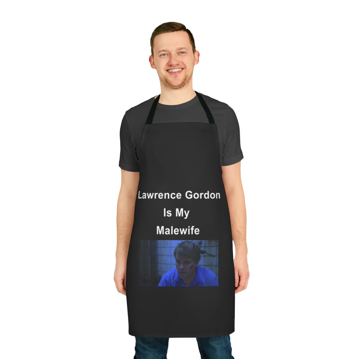 Horror-themed cooking apron featuring the character Lawrence Gordon from the Saw movie franchise.