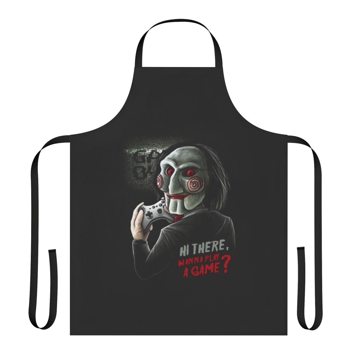 Apron with "Wanna Play a Game?" horror movie-inspired design for video game lovers