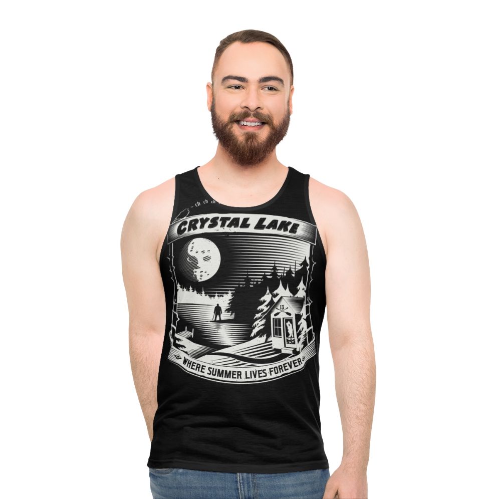 Horror movie inspired unisex tank top with "Camp Crystal Lake Where Summer Lives Forever" design
