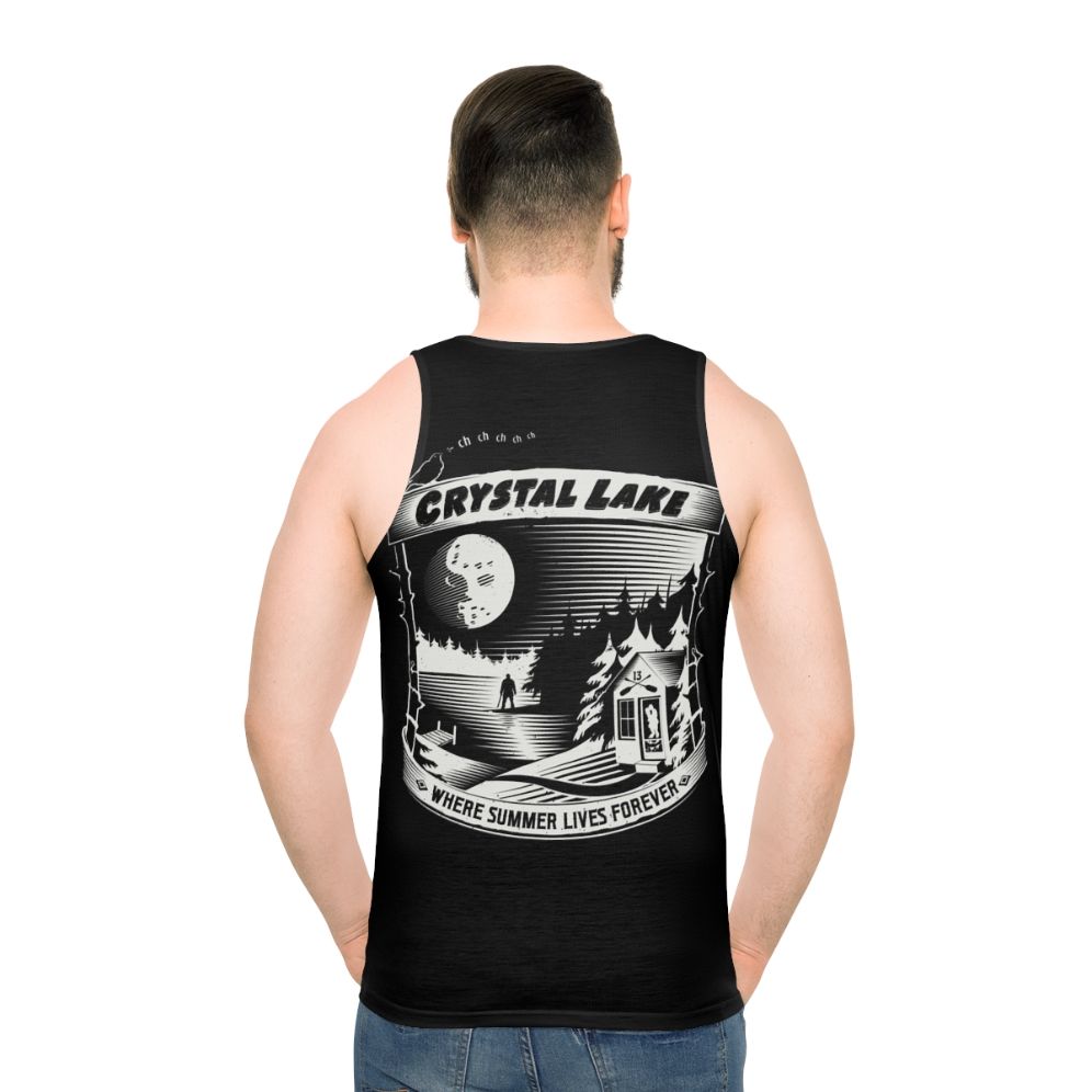 Horror movie inspired unisex tank top with "Camp Crystal Lake Where Summer Lives Forever" design